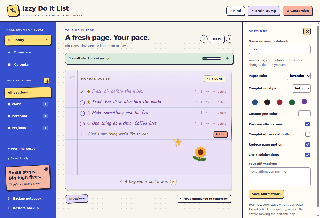 The actual Customize panel with Izzy Do It List, lavender paper, ink colors and motion settings