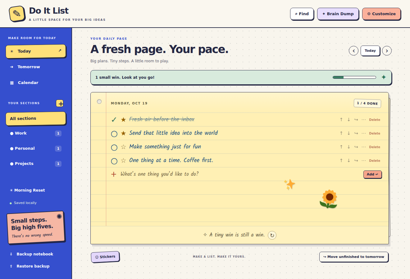 The real Do It List interface with a yellow notebook, colorful sidebar, example tasks and sunflower stickers