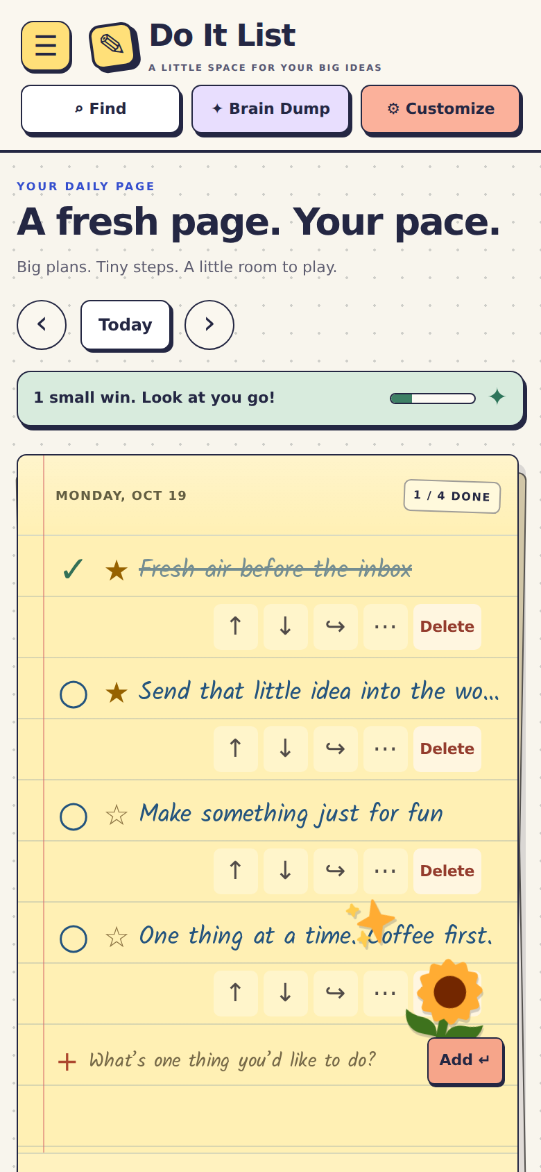 Do It List’s phone layout with touch controls, daily tasks and notebook decoration
